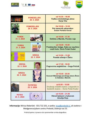 Tedenski program Medgeneracijskega centra Prebold, od ponedeljka, 20. 5. do petka, 24. 5. 2024