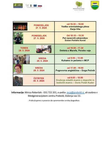 Tedenski program Medgeneracijskega centra Prebold, od ponedeljka, 27. 5. do četrtka, 30. 5. 2024