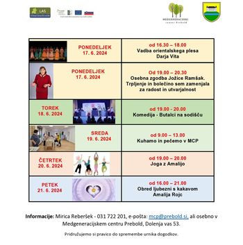 Tedenski program Medgeneracijskega centra Prebold, od ponedeljka, 17. 6. do petka, 21. 6. 2024