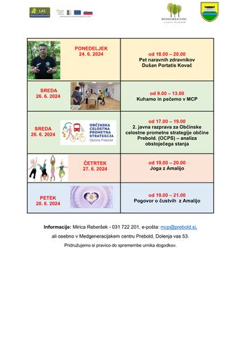 Tedenski program Medgeneracijskega centra Prebold, od ponedeljka, 24. 6. do petka, 28. 6. 2024