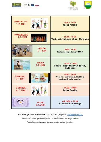 Tedenski program Medgeneracijskega centra Prebold, od ponedeljka, 1. 7. 2024 do petka, 5. 7. 2024