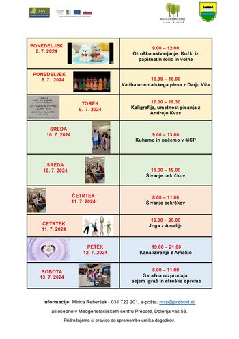Tedenski program Medgeneracijskega centra Prebold, od ponedeljka, 8. 7. 2024 do sobote, 13. 7. 2024