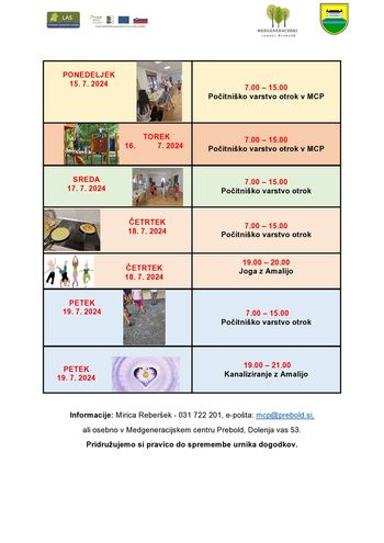 Tedenski program Medgeneracijskega centra Prebold, od ponedeljka, 15. 7. 2024 do petka, 19. 7. 2024