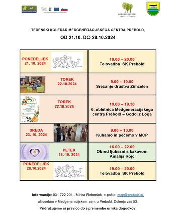 Tedenski program Medgeneracijskega centra Prebold, od ponedeljka, 21.10.2024 do ponedeljka, 28.10.2024