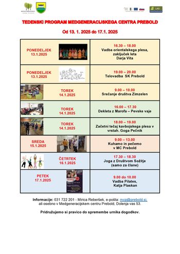 Tedenski program Medgeneracijskega centra Prebold, od ponedeljka, 13.1.2025 do petka, 17.1.2025
