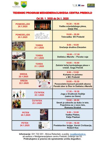 Tedenski program Medgeneracijskega centra Prebold, od ponedeljka, 20.1.2025 do petka, 24.1.2025
