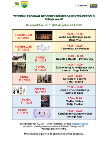 Tedenski program Medgeneracijskega centra Prebold, od ponedeljka, 27.1.2025 do petka, 31.1.2025