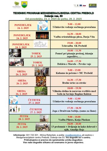 Tedenski program Medgeneracijskega centra Prebold, od ponedeljka, 24.2.2025 do petka, 28.2.2025