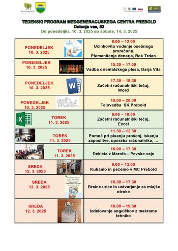 Tedenski program Medgeneracijskega centra Prebold, od ponedeljka, 10. 3. 2025 do petka, 14. 3. 2025