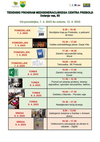 Tedenski program Medgeneracijskega centra Prebold, od ponedeljka, 7. 4. 2025 do sobote, 12. 4. 2025 Tedenski program Medgeneracijskega centra Prebold, od ponedeljka, 7. 4. 2025 do sobote, 12. 4. 2025