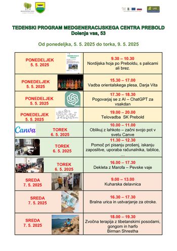 Program Medgeneracijskega centra Prebold, od ponedeljka, 5. 5. 2025 do petka, 9. 5. 2025