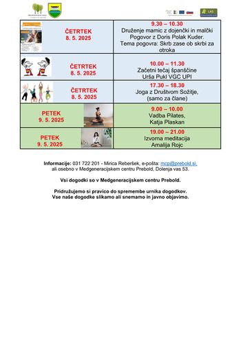 Program Medgeneracijskega centra Prebold, od ponedeljka, 12. 5. 2025 do petka, 16. 5. 2025