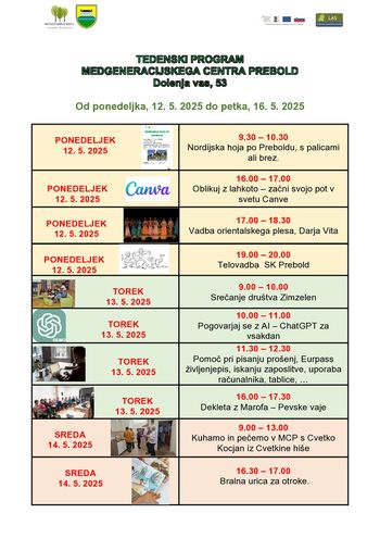 Program Medgeneracijskega centra Prebold, od ponedeljka, 12. 5. 2025 do petka, 16. 5. 2025