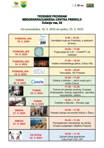 Program Medgeneracijskega centra Prebold, od ponedeljka, 19. 5. 2025 do petka, 23. 5. 2025