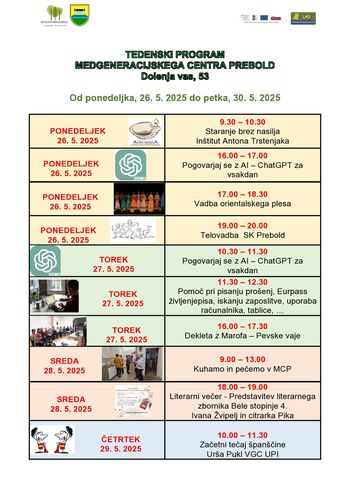 Program Medgeneracijskega centra Prebold, od ponedeljka, 26. 5. 2025 do petka, 30. 5. 2025