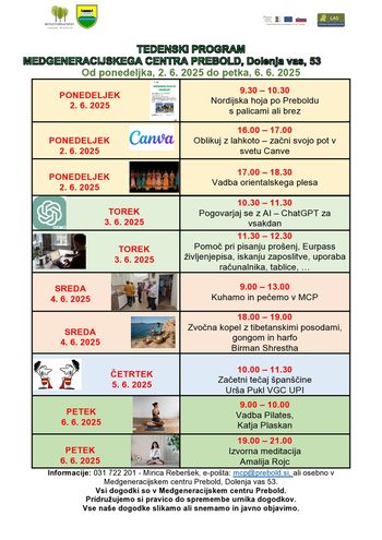 Program Medgeneracijskega centra Prebold, od ponedeljka, 2. 6. 2025 do petka, 6. 6. 2025