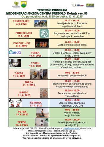 Program Medgeneracijskega centra Prebold, od ponedeljka, 9. 6. 2025 do petka, 13. 6. 2025