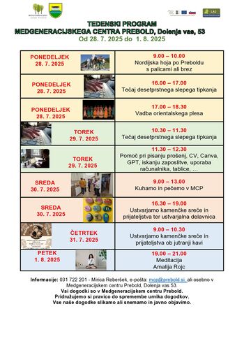 Program Medgeneracijskega centra Prebold, od ponedeljka, 28. 7. 2025 do petka, 1. 8. 2025