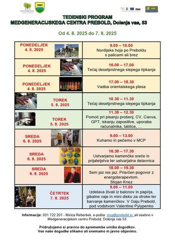 Program Medgeneracijskega centra Prebold, od ponedeljka, 4. 8. 2025 do petka, 8. 8. 2025