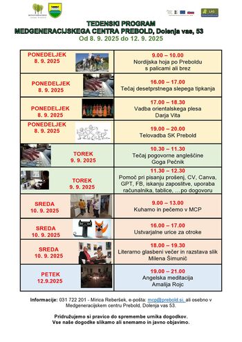 Program Medgeneracijskega centra Prebold, od ponedeljka, 8. 9. 2025 do petka, 12. 9. 2025 Program Medgeneracijskega centra Prebold, od ponedeljka, 8. 9. 2025 do petka, 12. 9. 2025