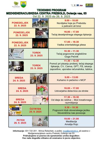 Program Medgeneracijskega centra Prebold, od ponedeljka, 22. 9. 2025 do petka, 26. 9. 2025