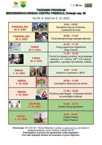 Program Medgeneracijskega centra Prebold, od ponedeljka, 29. 9. 2025 do petka, 3. 10. 2025