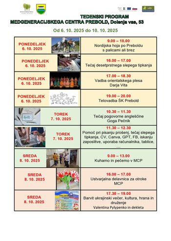 Tedenski program Medgeneracijskega centra Prebold, od ponedeljka, 6. 10. 2025 do petka, 10. 10. 2025