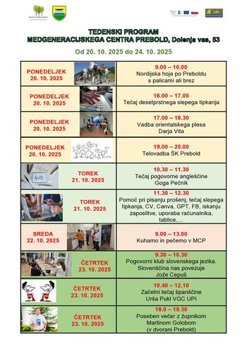 Tedenski program Medgeneracijskega centra Prebold, od ponedeljka, 20. 10. 2025 do petka, 24. 10. 2025