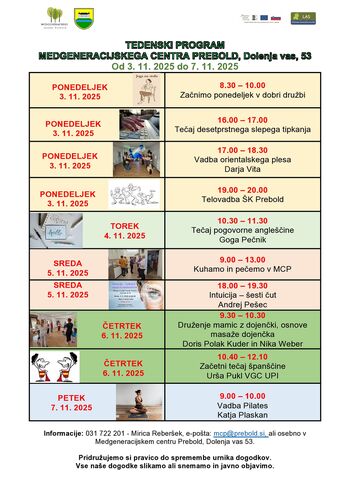Tedenski program Medgeneracijskega centra Prebold, od ponedeljka, 3. 11. 2025 do petka, 7. 11. 2025