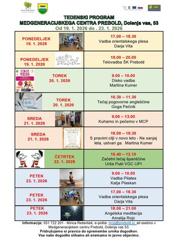 Tedenski program Medgeneracijskega centra Prebold, od ponedeljka, 19. 1. 2026 do petka, 23. 1. 2026