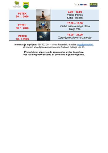 Tedenski program Medgeneracijskega centra Prebold, od ponedeljka, 26. 1. 2026 do petka, 30. 1. 2026