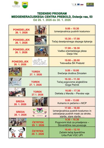 Tedenski program Medgeneracijskega centra Prebold, od ponedeljka, 26. 1. 2026 do petka, 30. 1. 2026