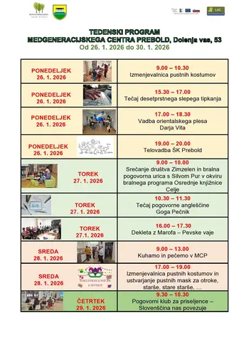 Tedenski program Medgeneracijskega centra Prebold, od ponedeljka, 26. 1. 2026 do petka, 30. 1. 2026