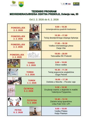 Tedenski program Medgeneracijskega centra Prebold od, 2.2. do 6.2.2026