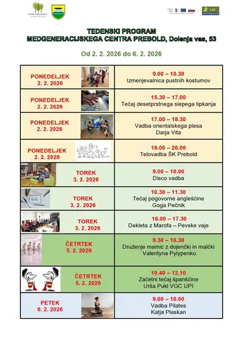 Tedenski program Medgeneracijskega centra Prebold od, 2.2. do 6.2.2026 Tedenski program Medgeneracijskega centra Prebold od, 2.2. do 6.2.2026