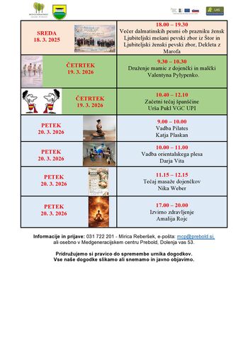 Tedenski program dogodkov Medgeneracijskega centra Prebold od,16.3. do 20.3.2026