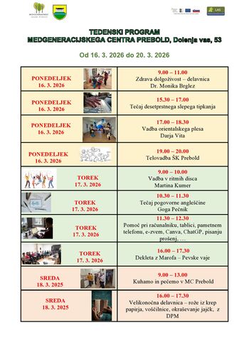 Tedenski program dogodkov Medgeneracijskega centra Prebold od,16.3. do 20.3.2026