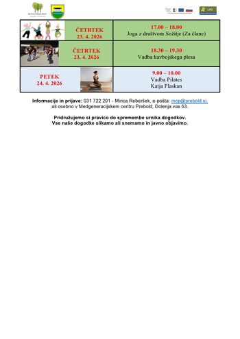 Tedenski program Medgeneracijskega centra Prebold od 20.4.2026 do 24.4.2026