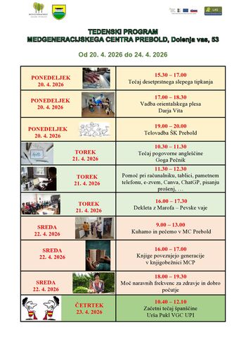 Tedenski program Medgeneracijskega centra Prebold od 20.4.2026 do 24.4.2026