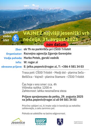 Voden pohod na Vajnež - Po jeseniških hribih PRESTAVLJENO NA NEDELJO 31.8.2025
