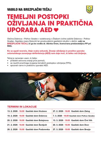 Brezplačni tečaji temeljnih postopkov oživljanja in uporabe AED