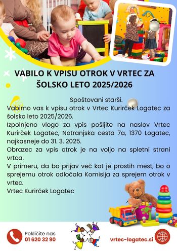 Vpis otrok v Vrtec Kurirček Logatec za šolsko leto 2025/26