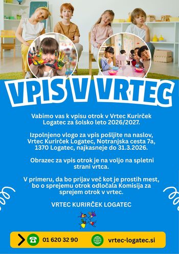 Vabilo k vpisu otrok v Vrtec Kurirček Logatec za šolsko leto 2026/27