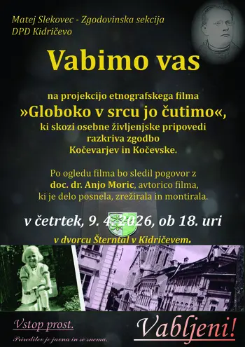 Projekcija etnografskega filma »Globoko v srcu jo čutimo«, zgodba Kočevarjev in Kočevske.