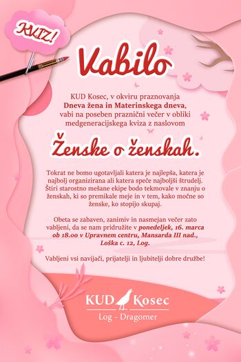 KUD Kosec oba ženska marčevska praznika obeležuje z medgeneracijskim kvizom ŽENSKE O ŽENSKAH