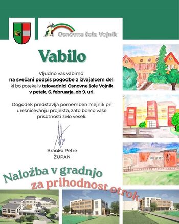 SVEČANI PODPIS POGODBE Z IZVAJALCEM DEL OŠ VOJNIK