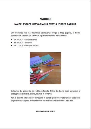 DU Vrzdenec vabi na delavnice izdelovanja cvetja iz krep papirja