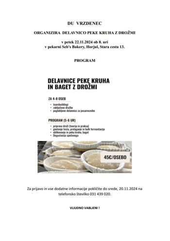 DU  VRZDENEC ORGANIZIRA  DELAVNICO PEKE KRUHA Z DROŽMI 
