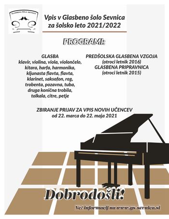 VPIS novih učencev v Glasbeno šolo Sevnica v š. l. 2021/22