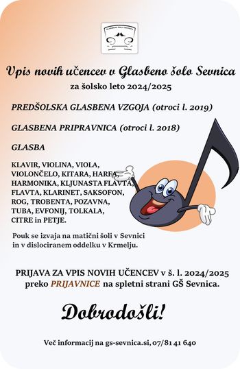 Vpis novih učencev v Glasbeno šolo Sevnica v š. l. 2024/2025